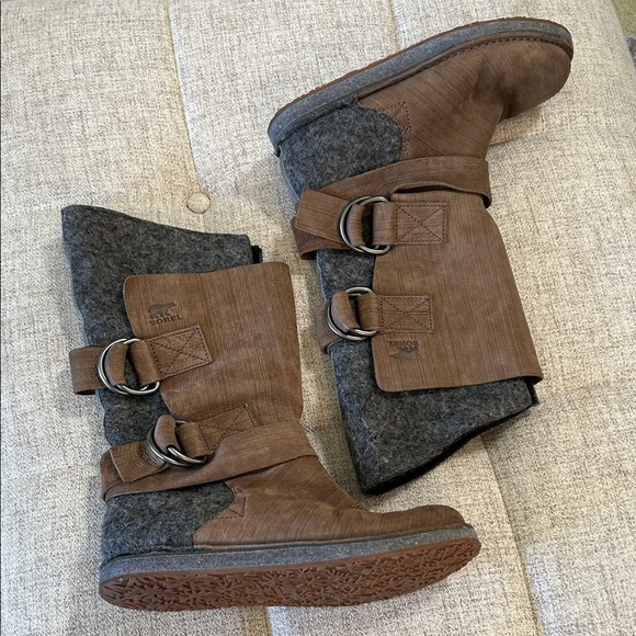 SOREL CHIPAHKO FELT WOOL LEATHER BUCKLE STRAPS GREY & BROWN WINTERBOOTS SZ 8